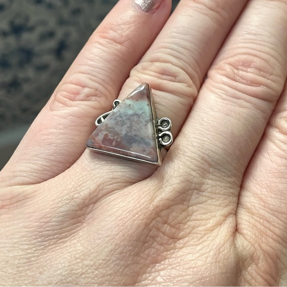 Vintage stamped sterling silver & polished stone triangle ring sz 7-7.25 - Picture 16 of 16